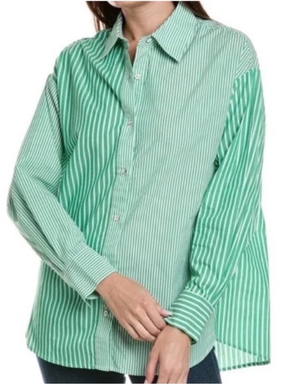 Cabi green white stripe Dad shirt long sleeves size large